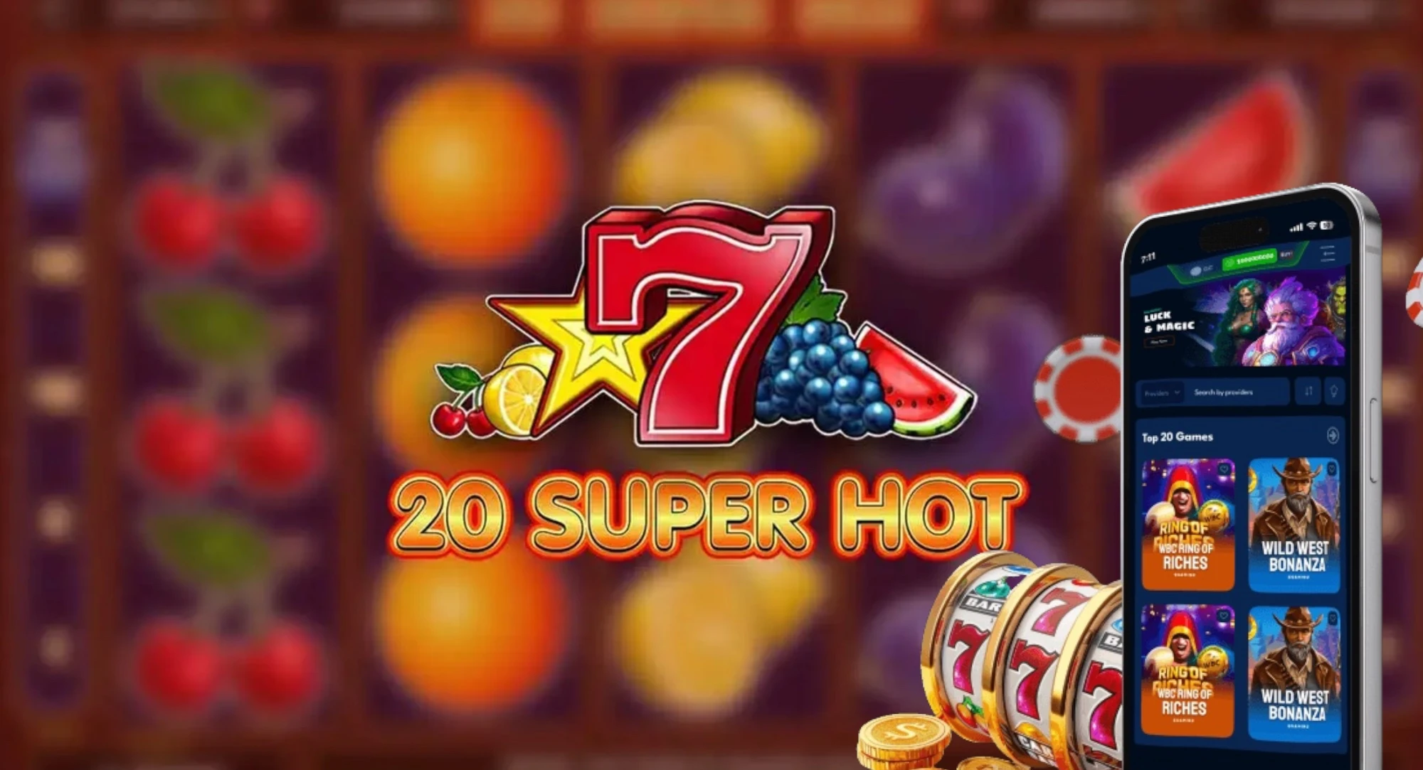 Промо банер на 20 Super Hot с плодове и телефон — Super Hot 20 игри